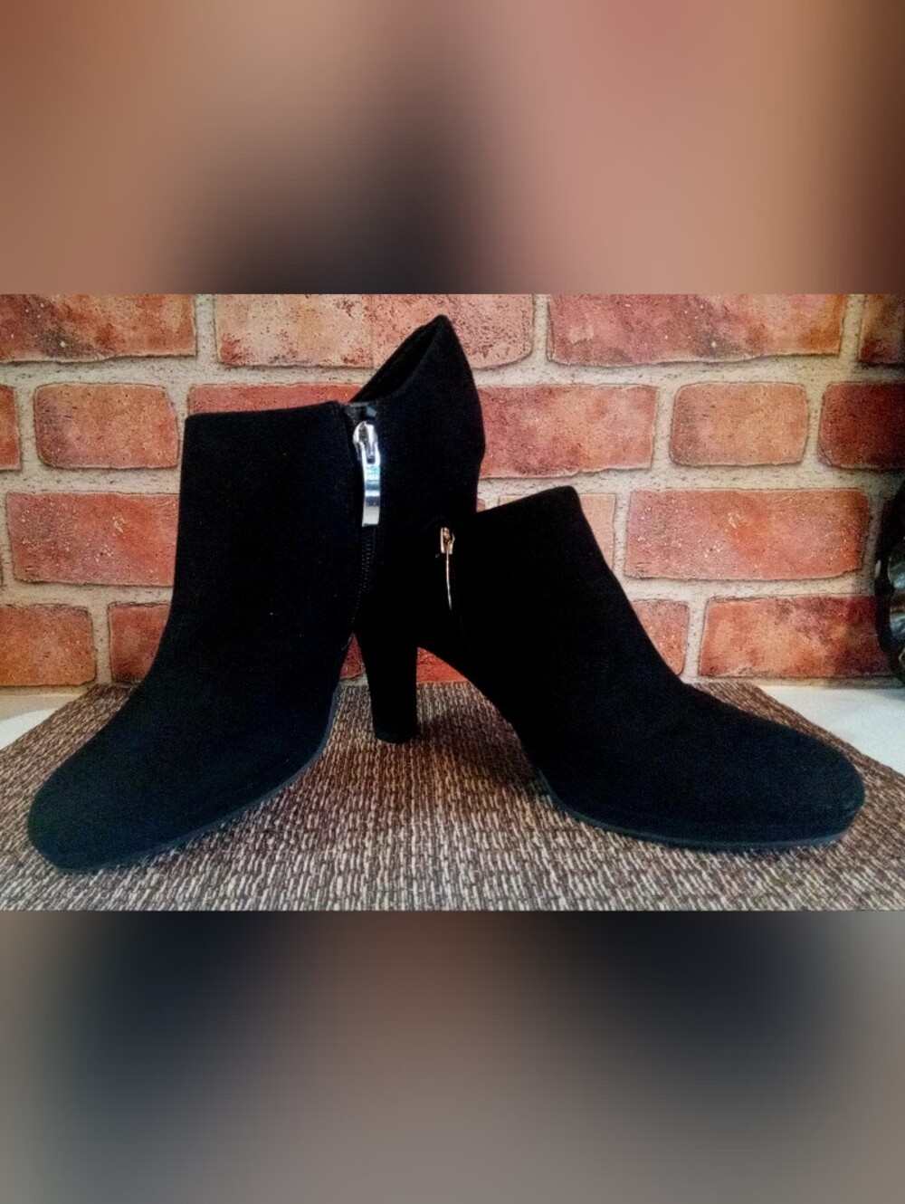 Y2K Womens Black Suede Boots Heel Ankle Side Zip Chunk Booties Silver Zipper SXY